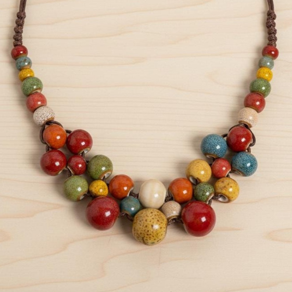Multicolor Ceramic Bead Necklace - Women's Fashion Jewelry - Picture 3 of 6